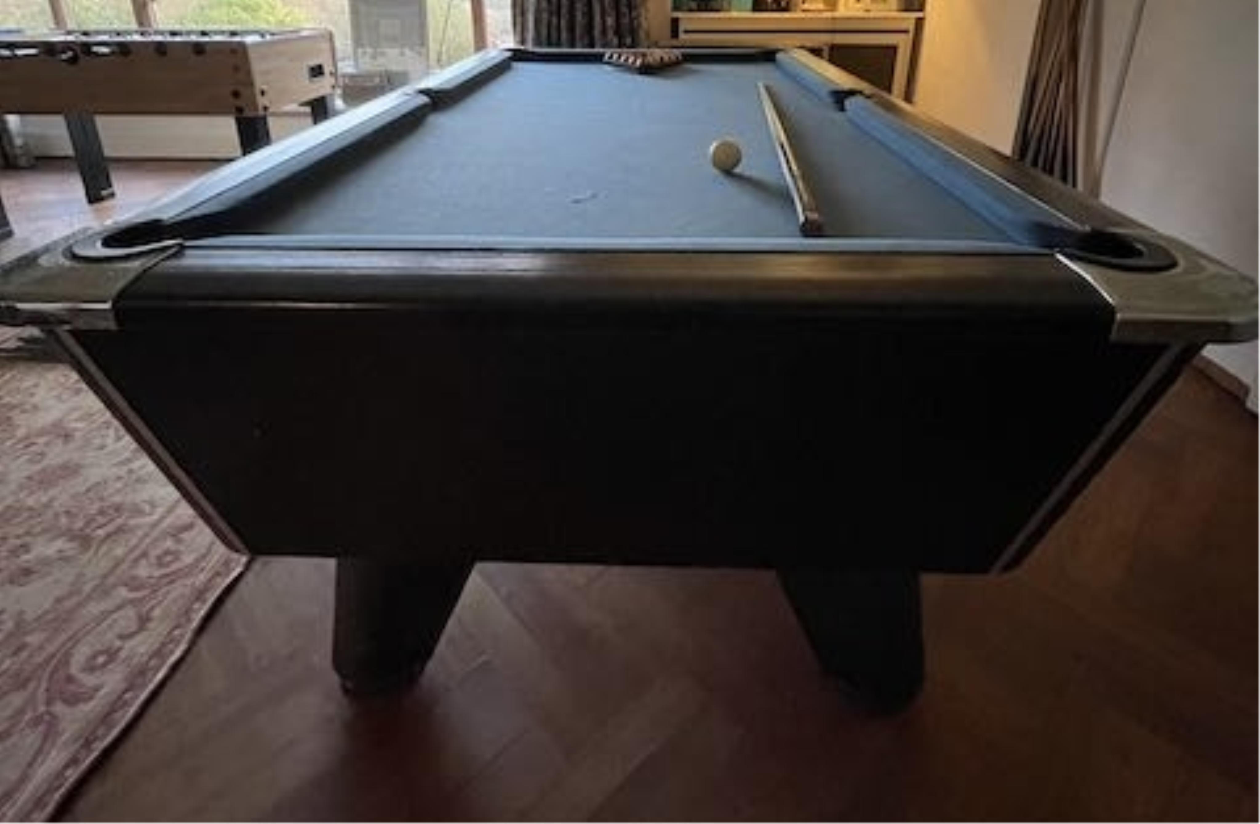 A Supreme pool table with all accessories, width 210cm, depth 120cm, height 82cm. Condition - fair, baize poor